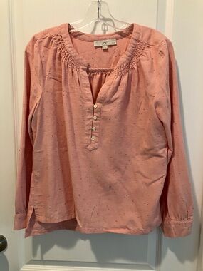 LOFT Dusty Rose Smocked Henley Blouse